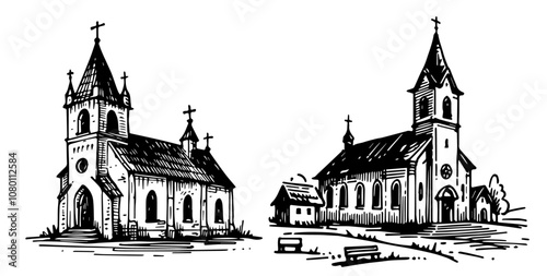 traditional churches and chapels – vintage architecture illustration set in black vector