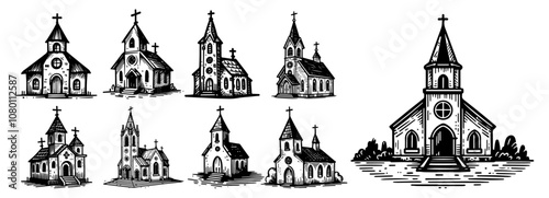 set of vintage church illustrations – classic architectural line art black vector