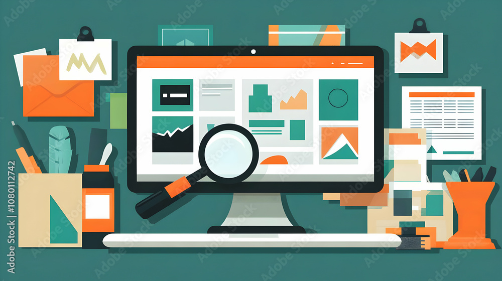 Flat Illustration of a Desktop with Charts and a Magnifying Glass Flat Illustration of a Desktop with Charts and a Magnifying Glass