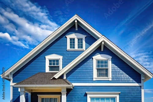 Blue house with white trim and gable roof reflecting in water