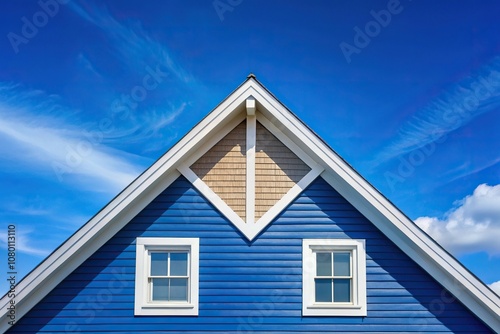 Blue house with gable roof and white trim reflected in water against blue sky background