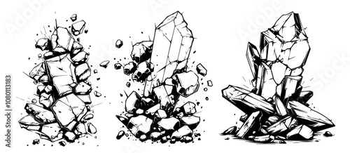 crystal formations in black and white hand-drawn illustration