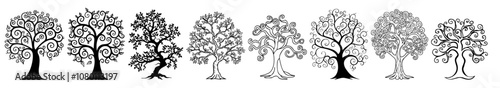 detailed sketches of unique tree designs with twisted trunks