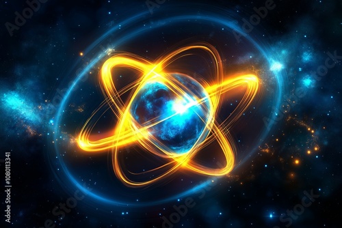 Glowing Atomic Model Showcasing Dynamic Energy, Light Orbits, and Cosmic Inspiration for Physics and Molecular Research, Generative AI