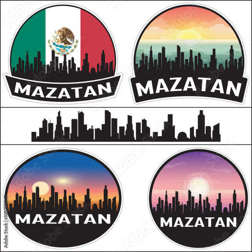 Mazatan Mexico Flag Skyline Cityscape Silhouette Travel Souvenir Sticker Sunset Isolated Vector