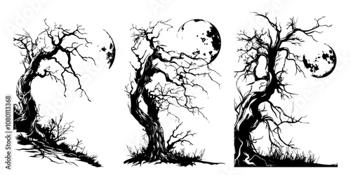 artistic illustration of twisted trees and moon in dramatic contrast