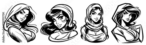 vintage style female characters in scarves illustration black vector