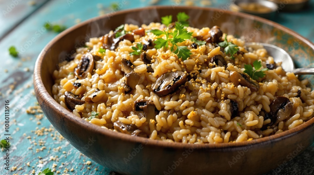 Vegan Creamy Mushroom Risotto With Garlic And Parsley, Food Menu Photography Vegan Creamy Mushroom Risotto With Garlic And Parsley, Food Menu Photography