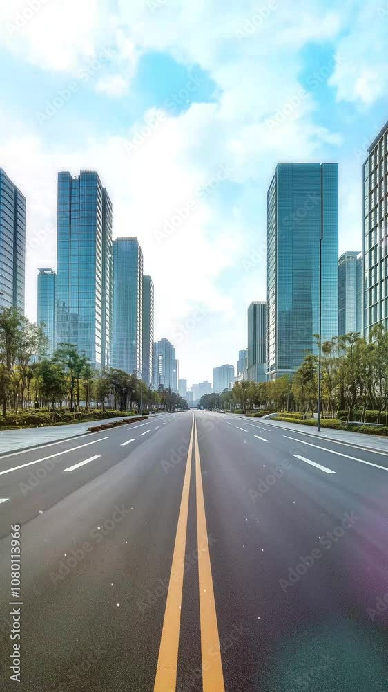 Urban Street With Lined Trees Amidst Modern Skyscrapers Background. Seamless looping motion design. Video animation. A serene urban street flanked by evenly spaced trees and towering skyscrapers Urban Street With Lined Trees Amidst Modern Skyscrapers Background. Seamless looping motion design. Video animation. A serene urban street flanked by evenly spaced trees and towering skyscrapers