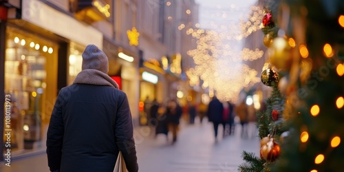 chrtistmas shopping street with decorations and blurred people. ai generated