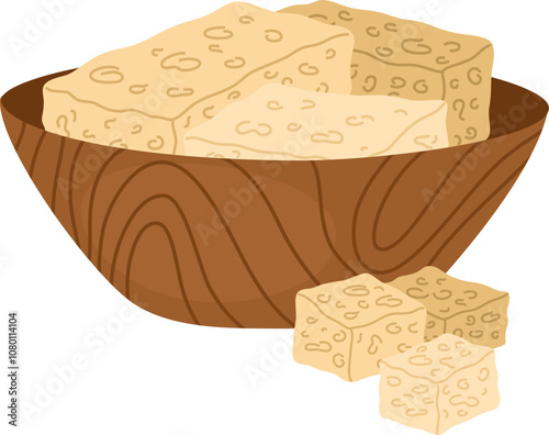 Soy tofu product. Vegan plant-based protein alternative, soya tofu in the plate Healthy vegetarian soybean food, veg soya produce in pack. Flat vector illustration isolated on white background
