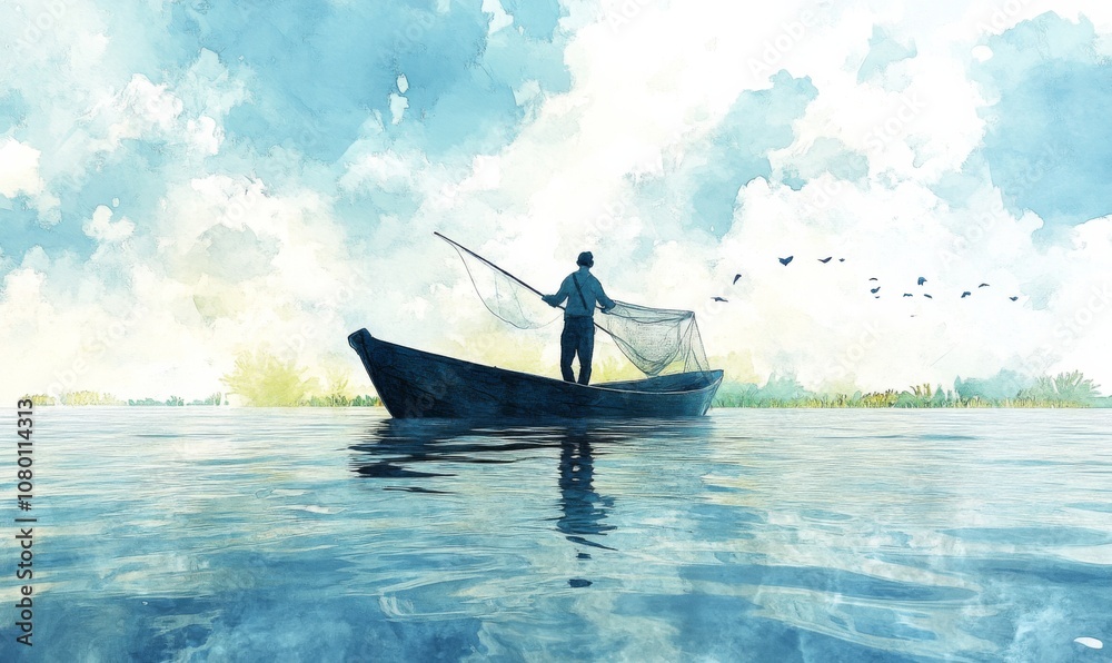 Fototapeta premium Watercolor fisherman casting a net from a boat, natural and serene, 3D illustration