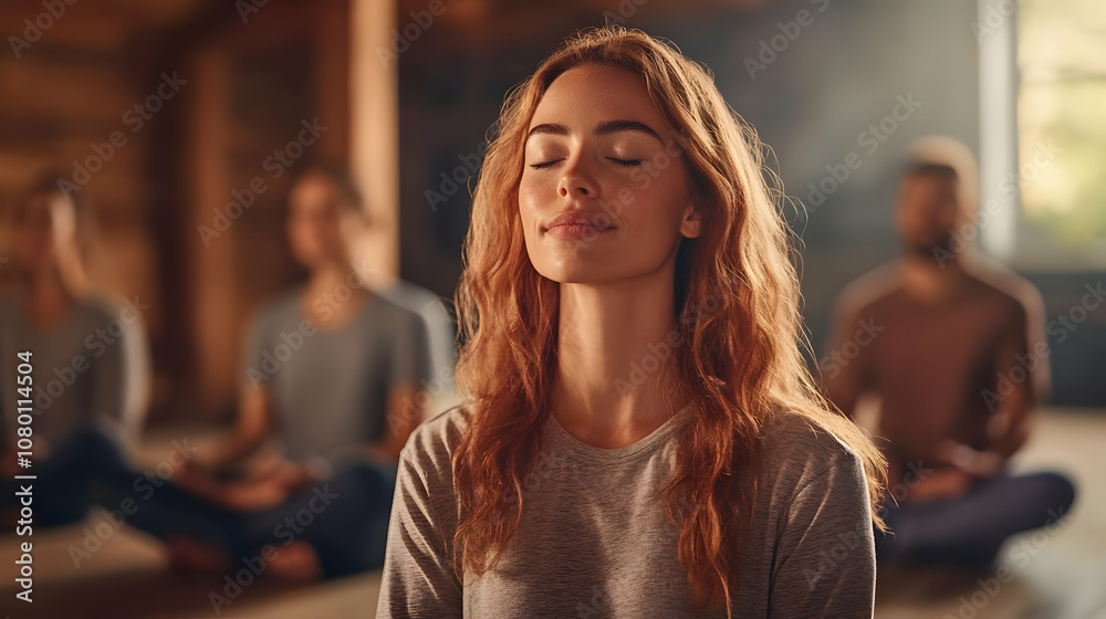 Woman Meditating with Closed Eyes in a Group Woman Meditating with Closed Eyes in a Group