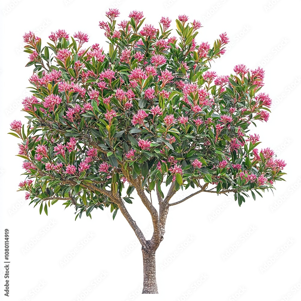 Fototapeta premium A full Syzygium malaccense tree in bloom with vibrant pink flowers, isolated on a pure white background. generative ai