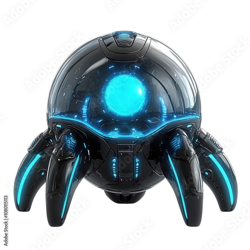 Futuristic robotic sphere with glowing blue accents and multiple appendages. isolate on white background photo