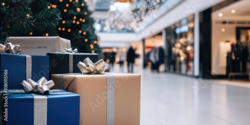 chrtistmas shopping street with decorations and blurred people. ai generated photo