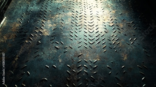 Expansive shot of a well-worn industrial floor, tread plate pattern, weathered metal, scuff marks, subtle light reflections, dramatic textures, soft overhead lighting photo