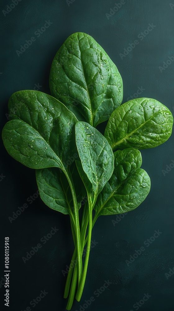 Fototapeta premium Fresh spinach leaves on a dark background, showcasing vibrant green colors and natural textures. Perfect for health and cooking themes.