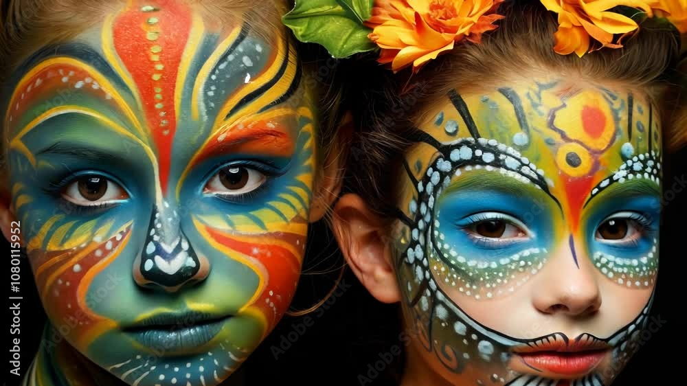 Face-painting creating colorful characters on the faces of girls