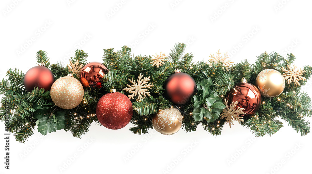 A Festive Christmas Wreath Adorned with Red & Gold Balls, Pinecones, Berries, and Lights, Set Against a Clean White Background A Festive Christmas Wreath Adorned with Red & Gold Balls, Pinecones, Berries, and Lights, Set Against a Clean White Background