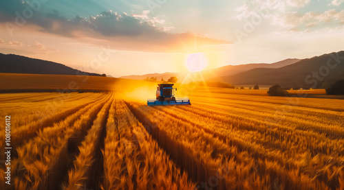 Agricultural machine tractor or combine working on a field growing wheat or vegetables. Theme of the agricultural industry's role in food production.