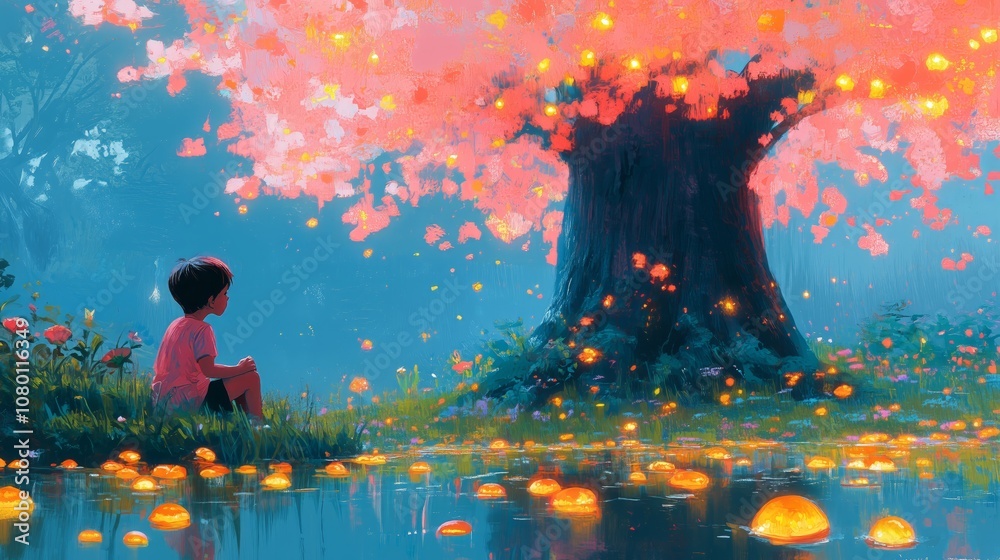 Magical moment: child gazing at enchanting tree with glowing lights Magical moment: child gazing at enchanting tree with glowing lights