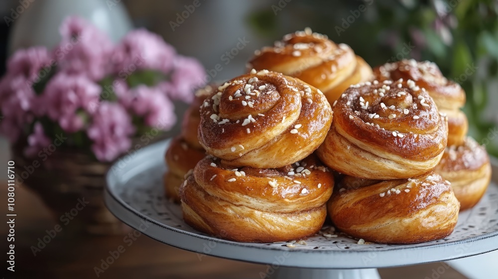 Freshly baked pastries topped with sugar on a decorative plate, surrounded by blooming flowers, perfect for a cozy setting. Freshly baked pastries topped with sugar on a decorative plate, surrounded by blooming flowers, perfect for a cozy setting.