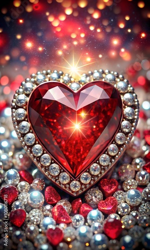 sparkling red heart surrounded by shimmering gems, symbolizing love and affection. Perfect for romantic themes and celebrations