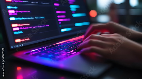 Closeup of Hands Typing on a Laptop with Illuminated Keyboard - Photo