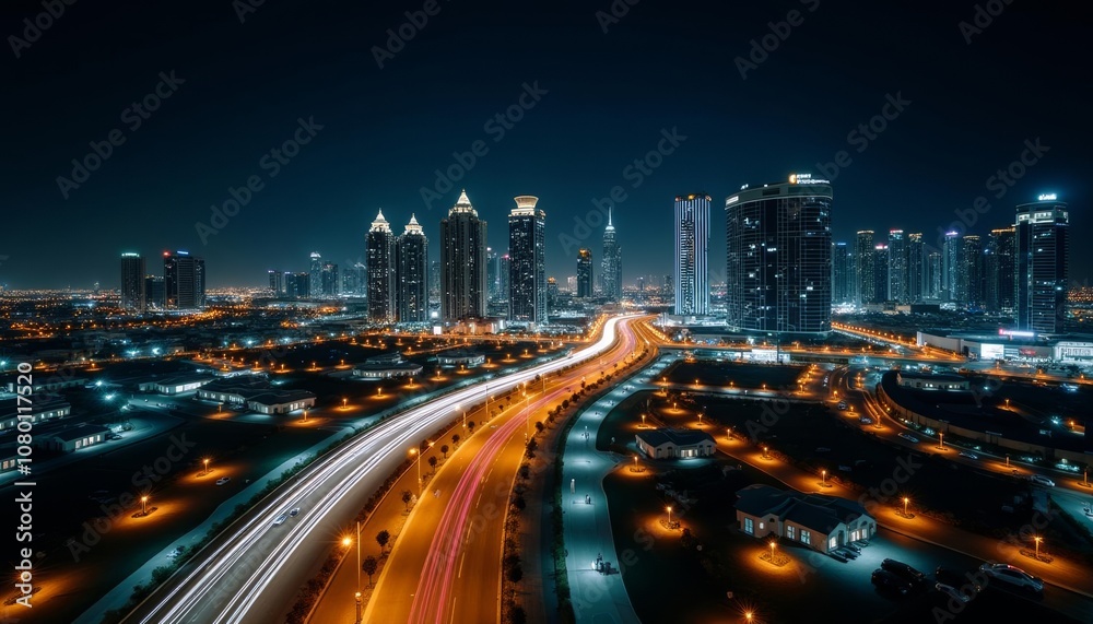 Vibrant cityscape at night illuminated by bright lights and bustling traffic Vibrant cityscape at night illuminated by bright lights and bustling traffic