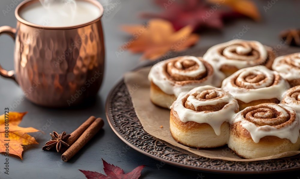 steaming chai tea in a copper mug and freshly baked cinnamon rolls, Generative AI steaming chai tea in a copper mug and freshly baked cinnamon rolls, Generative AI