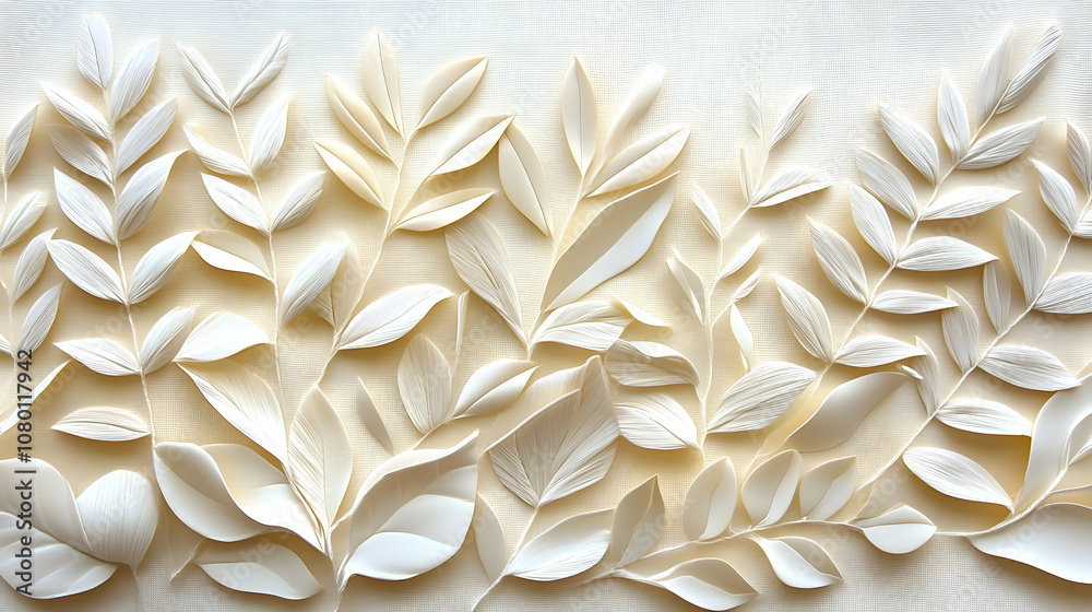 Paper Leaf Art - White Leaves on Beige Background Paper Leaf Art - White Leaves on Beige Background