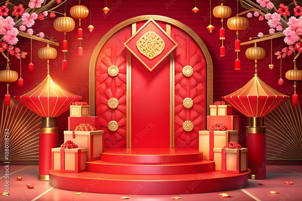 red carpet in the temple podium chinese new year product stand podium background pedestal 3D rendering