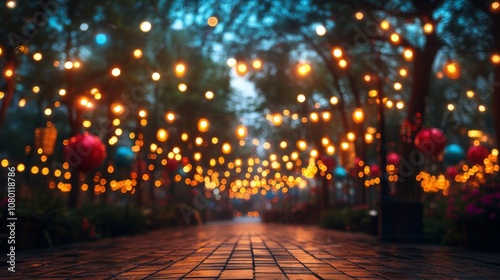 Blurred background of street with lanterns. Banner with copy space