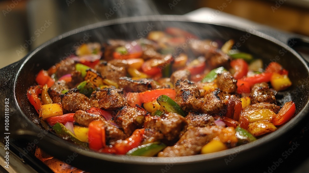 Sizzling skillet filled with colorful vegetables and tender meat, creating a delicious and vibrant meal experience.