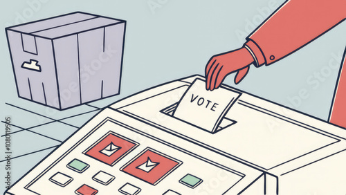 Hand pressing voting ballot button on electronic voting machine in modern polling station, highlighting democratic process and civic duty.