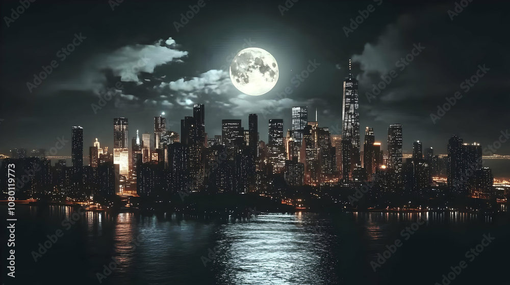 Fototapeta premium Night Cityscape with Full Moon Illustration