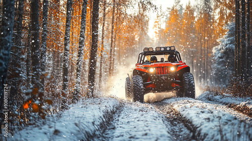 UTV Traversing Snowy Path Amidst Autumn-Colored Trees, Snowfall Adding to the Serene Scene