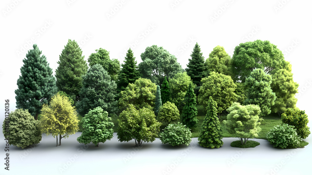 3D Illustration of a Variety of Trees and Shrubs