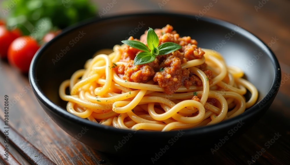Delicious pasta dish with meat sauce ready to be savored Delicious pasta dish with meat sauce ready to be savored
