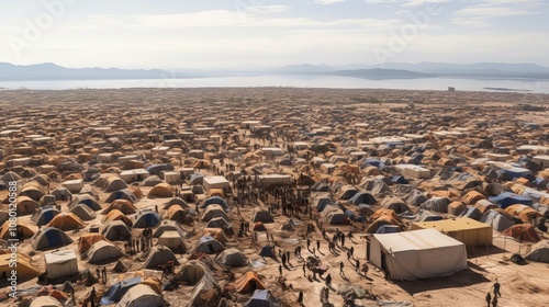 A vast refugee camp sprawls across a barren landscape, filled with rows of tents and people going about their daily lives.