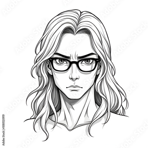 a man, long hair, wearing glasses with serious looking. illustration