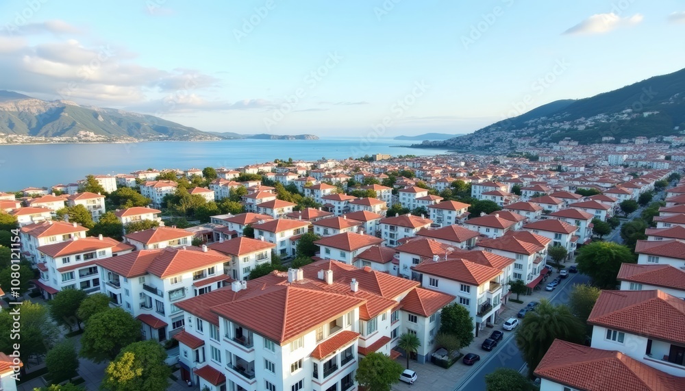Vibrant coastal town with white buildings and red roofs Vibrant coastal town with white buildings and red roofs