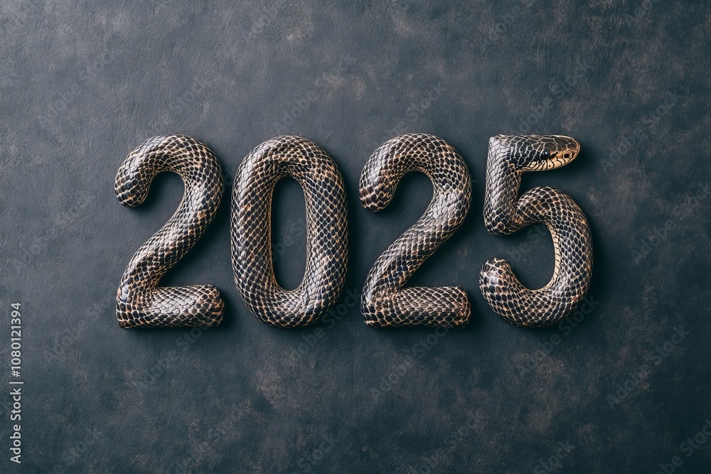 Stylish metallic representation of the year 2025 on dark surface. Stylish metallic representation of the year 2025 on dark surface.