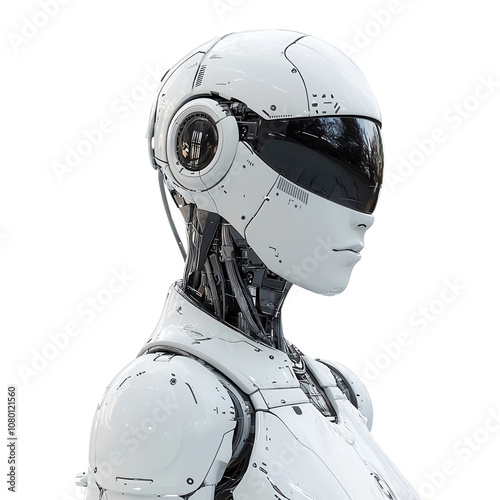 Futuristic humanoid robot with sleek design and advanced features, representing innovation. isolate on white background
