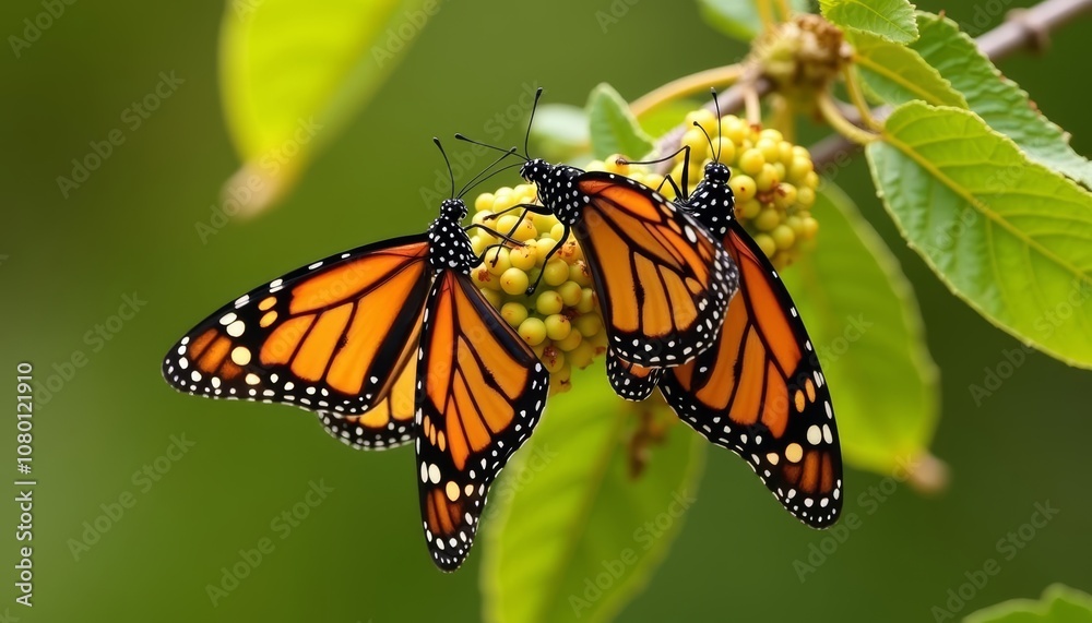 Fototapeta premium Natures beauty in a closeup Monarch butterflies on a berry bush