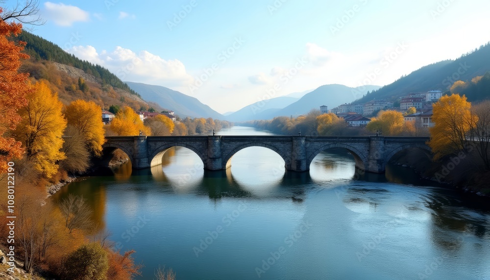 Fototapeta premium Elegant bridge over serene river autumn hues