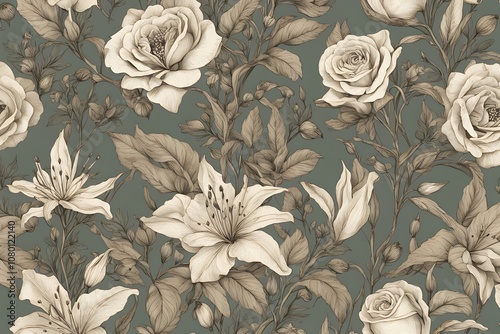 Vintage botanical floral pattern with hand sketched roses lilies and foliage in muted green, Ai Generated