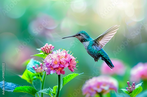 A vibrant hummingbird colibri near a flower in a tropical rainforest, capturing the beauty of nature and wildlife in action. photo