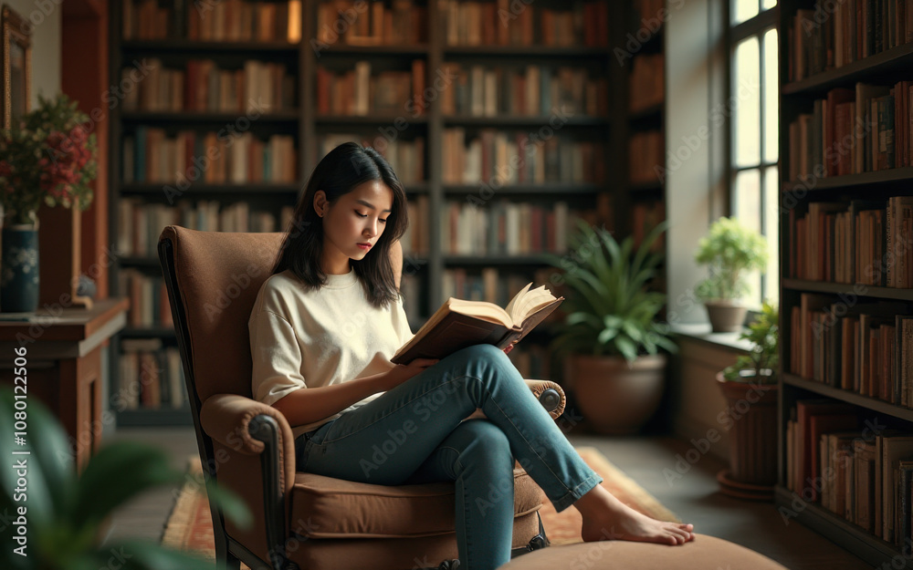 Women who focus on reading in the library Women who focus on reading in the library
